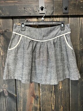 LUX Linen Blend Mini Skirt 6 Grey Textured Cream Trim Pockets Boho Side Zip